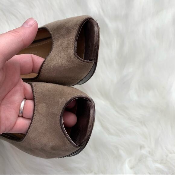 Fossil | Tan Suede Leather Peep Toe Pump Heels Size 9.5 Brown Open Toe Shoes - Picture 5 of 12